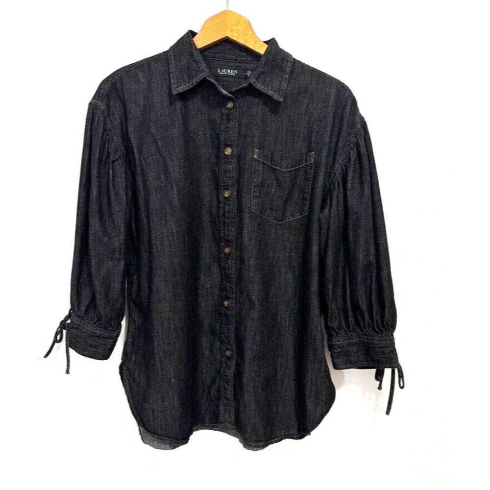 Lauren Ralph Lauren 'Black Label' Medium Black Denim 3/4 Sleeves Button Up Top